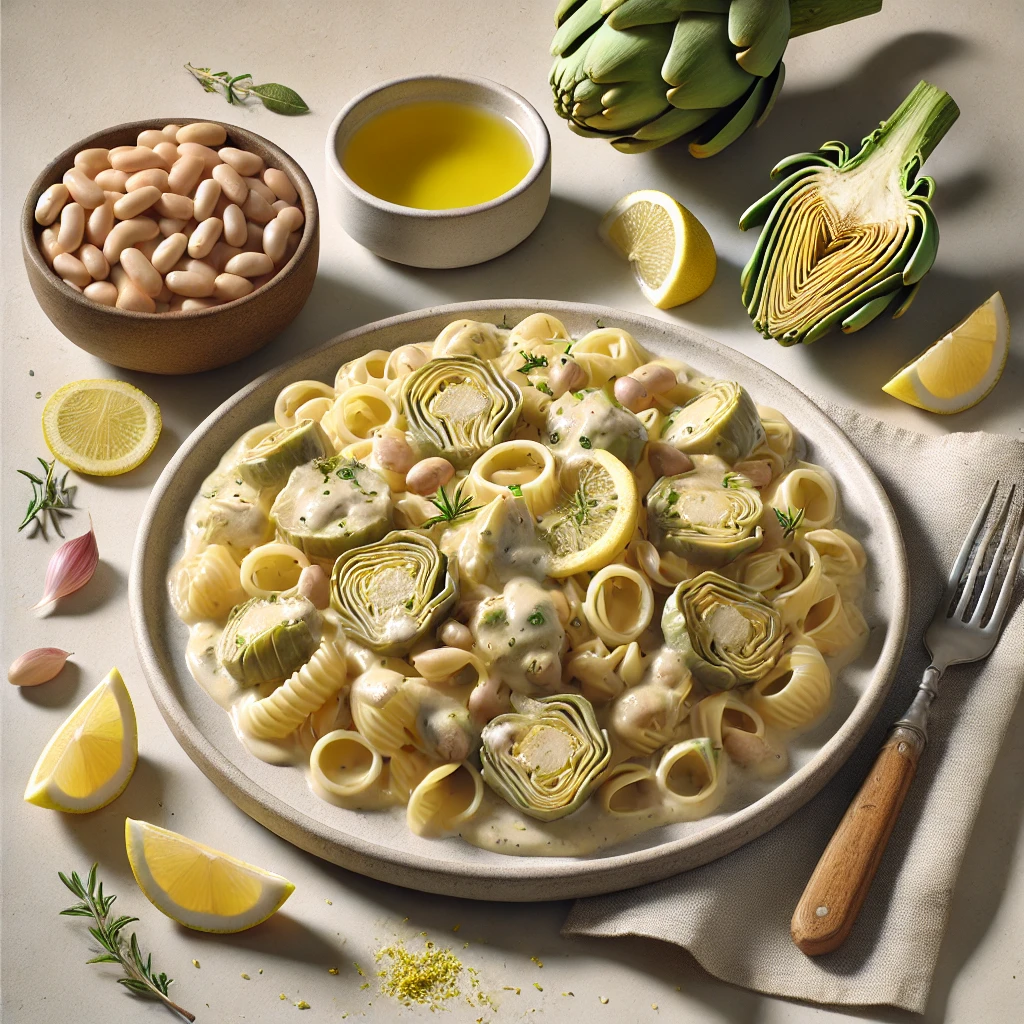 Mezze Maniche con Carciofi e Crema di Cannellini