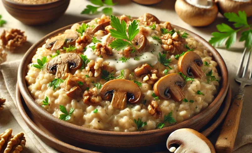 Risotto ai Funghi con Crema di Noci, Lievito Alimentare e Prezzemolo