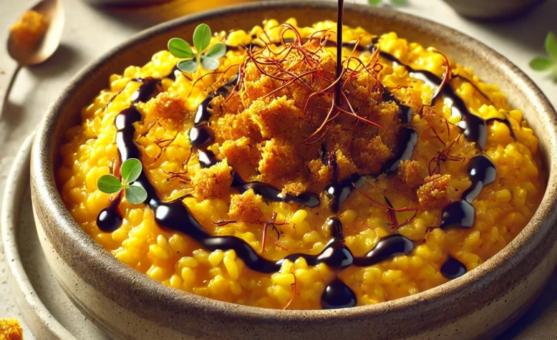 Risotto allo zafferano con tofu croccante e glassa di aceto balsamico