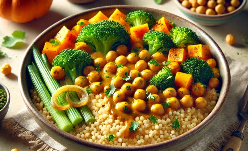Cous cous integrale con ceci al curry, broccoli, zucca e porri