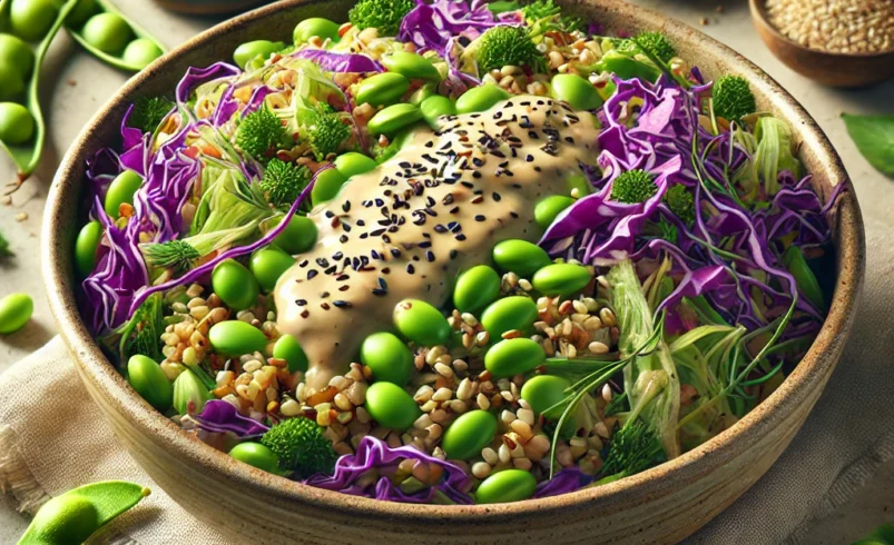 Farro con Edamame, Cavolo Viola e Dressing di Tahini