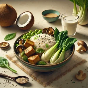 Riso thai al latte di cocco con tempeh, pak choi e funghi shitake