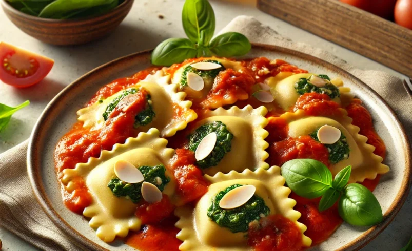 Ravioli ripieni di ricotta di mandorle e spinaci con sugo di pomodoro