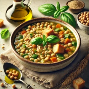 Zuppa di orzo e ceci con olio al basilico e crostini