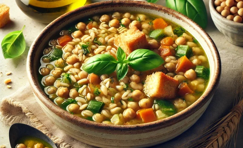 Zuppa di orzo e ceci con olio al basilico e crostini