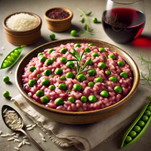 Risoni cremosi ai piselli e vino rosso