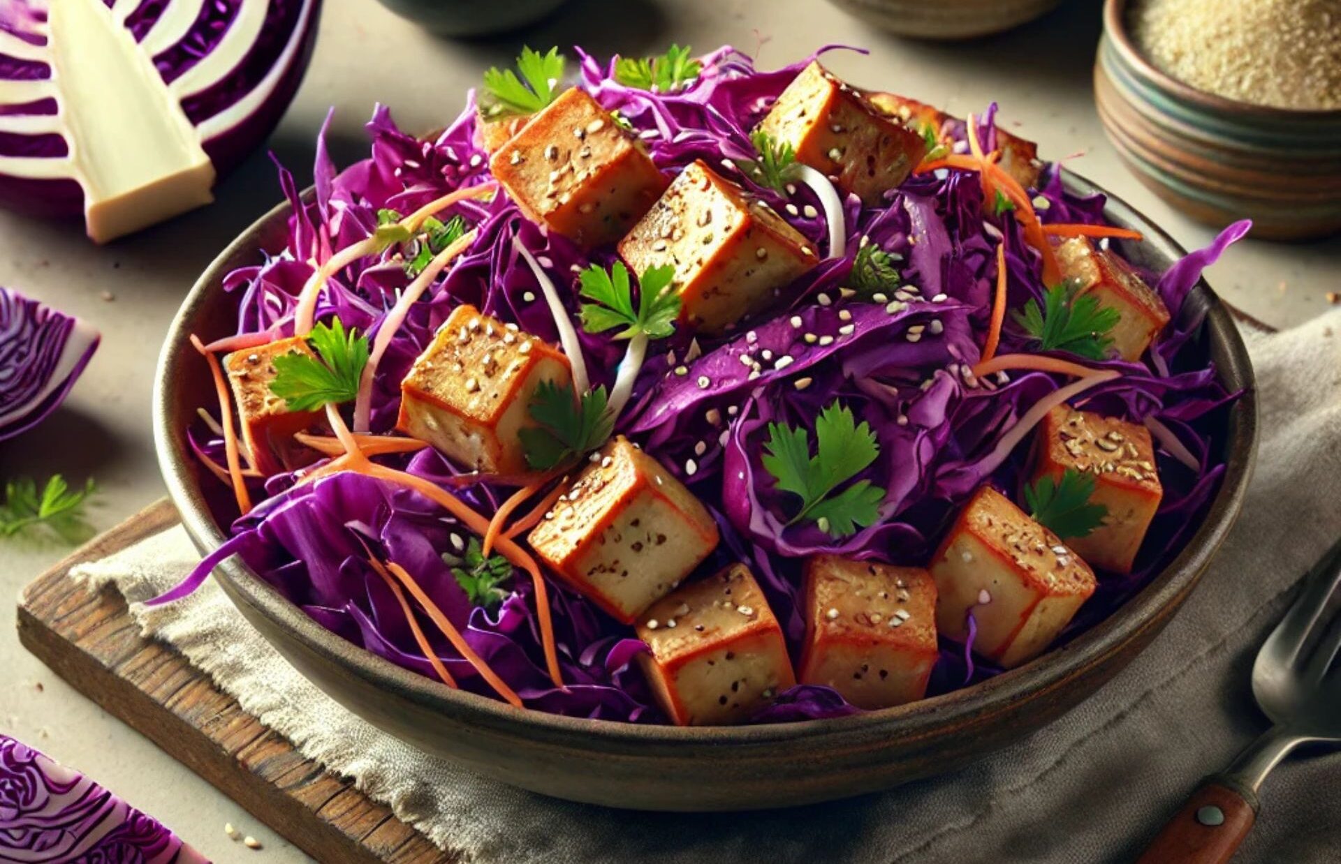 Insalata di cavolo viola e tofu affumicato