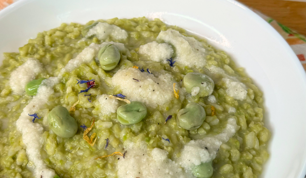 Risotto con crema di fave, fave croccanti e cremina al formaggio